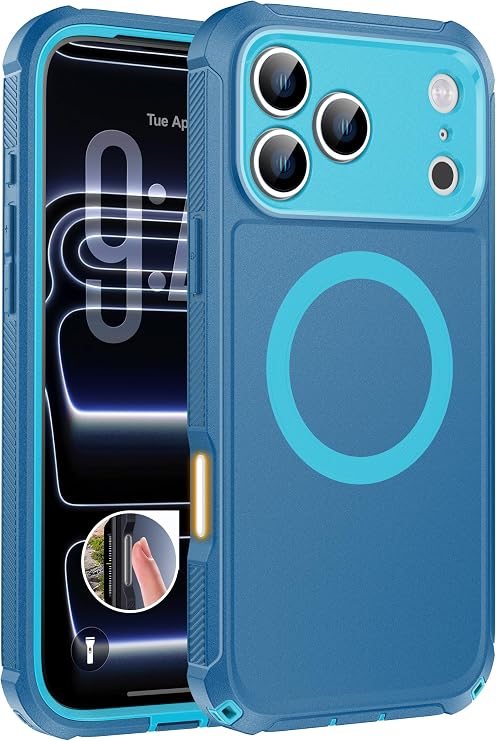 iPhone 18 Pro Max用 マグネット式 ケース MagSafe対応 カメラコントロールカバー 落下防止 高耐久保護 タフノンスリップ保護電話カバー、ターコイズ
