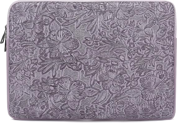 Embossing Floral Pattern PU Leather Laptop Sleeve Case with Pocket (Purple PU, 15 inch-15.6 inch)