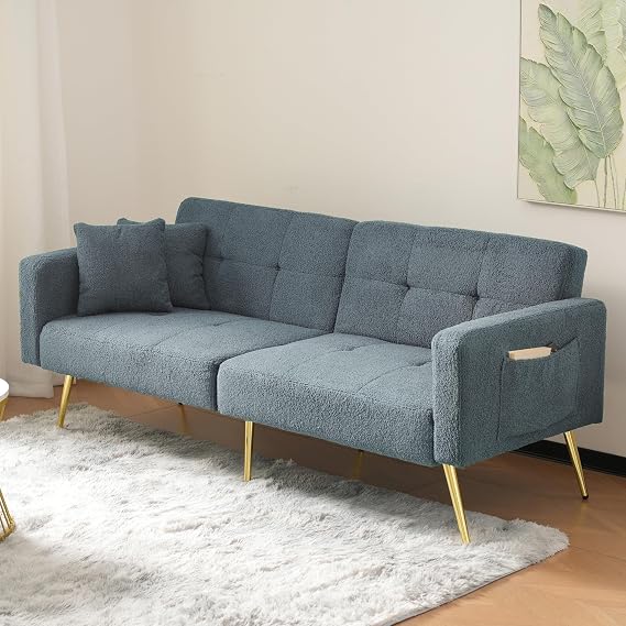 Sofa Bed Double with Three Adjustable Backrest Angles, 2 Seater Sofa 176x64x75 cm with Gold Legs and Side Storage Pockets, Couch with Cushions has a Bed Function, Blue