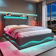 4ft6 Upholstered Double Bed with LED Headboard, Hydraulic Storage Bed, Quiet Gas-Lift Slatted Storage Base & USB Ports, Fabric Platform Bed with Shelves, Side Pockets, 135x190cm, Gray