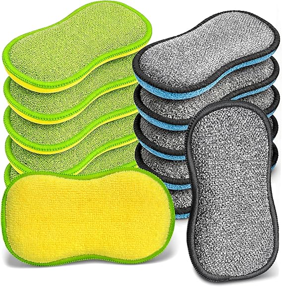 Washing Up Sponge 12 Pack,Microfiber Kitchen Dish Scrub Sponges, Reusable Dual-Sided Heavy Duty Non-Scratch Cleaning Scourers Sponge for Dishes, Pots, Pans, Stovetop & Sink
