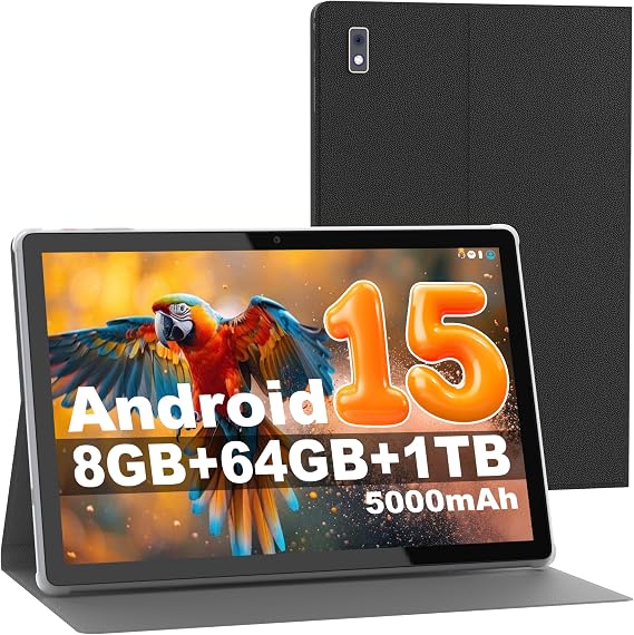 Byybuo 10.1 inch Android 15 Tablet With Case, 8GB RAM + 64GB ROM + 1TB TF