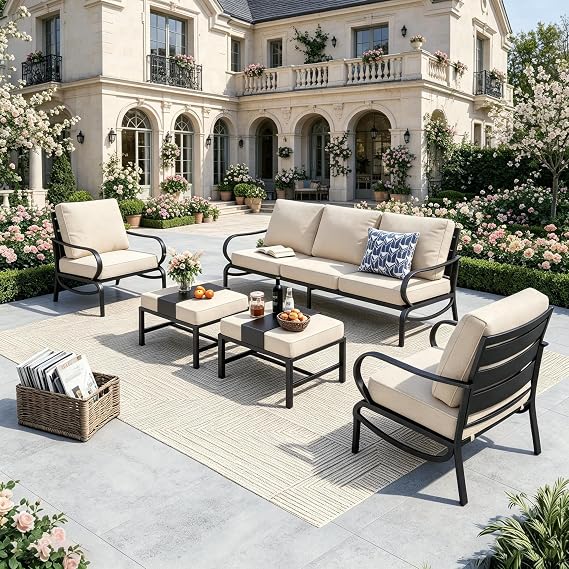 PHI VILLA Metal Garden Furniture Sets with Thickened 14.6cm Cushions, 7 Seater Outdoor Sofa with 2 Armchairs and Ottomans, E-coating Modular Patio Lounge Set for Backyard, Beige