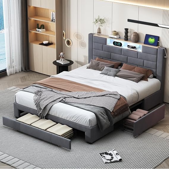 Double Bed Frame with 3 Storage Drawers,5ft Upholstered Bed with LED and USB,King Size Bed for Adults & Teenagers,150 * 200,Grey, Velvet