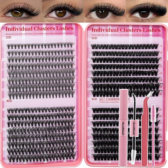 RITALASH Cluster Lashes Kit Lash Clusters Kit Wispy Eyelash Clusters Individual Eyelashes with Lash Bond and Seal,Lash Tweezers,Brush, Eye Lashes Individual Cluster(640pcs 20D+40D+60D+80D Kit,9-16mm)