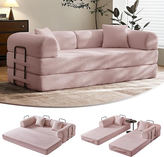 79" Convertible Futon Sofa Bed, Boneless Couch for Living Room | Pink