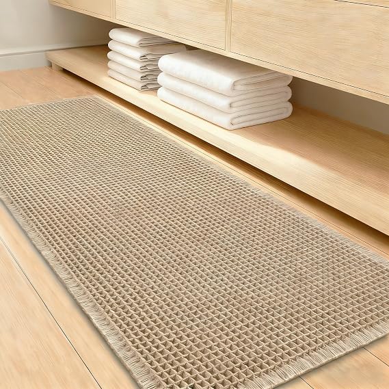 Waffle Bath Mat Bathroom Mat Non Slip Quick Dry Soft Absorbent Anti-Mould Comfortable Boho Bathmat for Shower Floor Washable Cotton Bath Rug (Brown,60x120cm)
