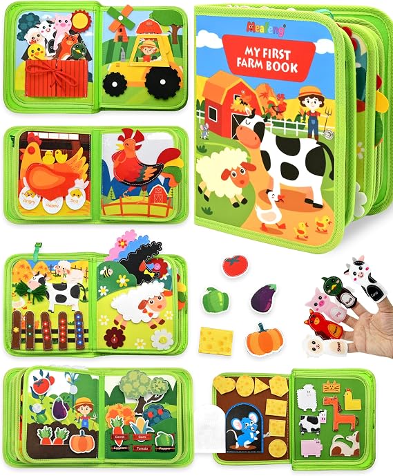 Book Montessori 1 Year, Busy Board Farm, 10 Pages, 20 Activities