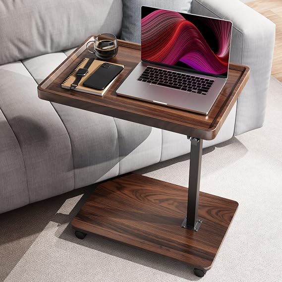 Large C-Shaped End Table, Swivel TV Tray, Couch Side Table Walnut