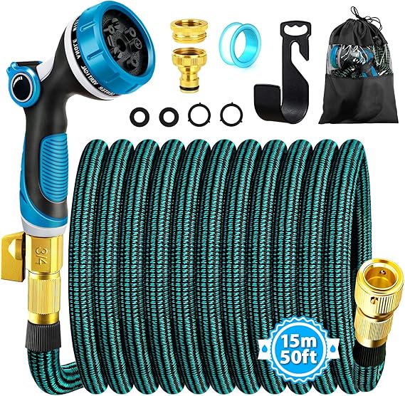 Expandable Garden Hose Pipe 15m 50ft, Retractable Hosepipes for Garden with 10 Functions Spray Gun, Expanding Magic Water Hose Attachments 3/4"&1/2" Brass Connectors, Flexible Hose Anti-Kink