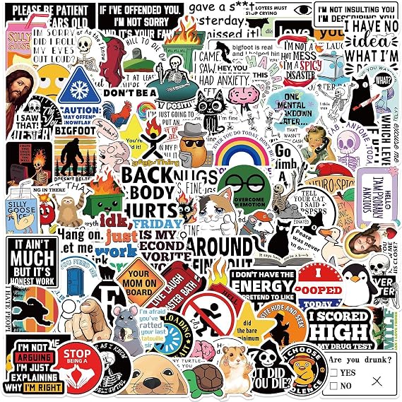 100pcs Prank Meme Decals, Classic Funny Graffiti Colorful Waterproof Vinyl Stickers for Laptop Skateboard