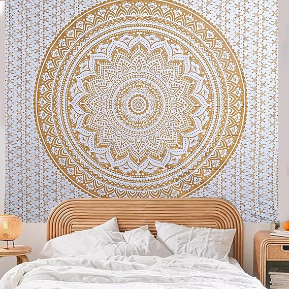 FURNISHFUL FINESSE White Gold Cotton Mandala Tapestry 228x272 CM