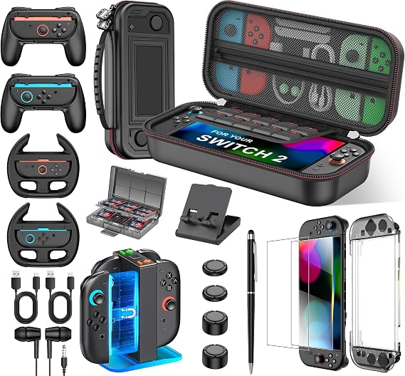 Switch2/Switch/OLED対応17 in 1 Switch 2 アクセサリー --Switch ケース、スクリーンプロテクター、充電ドック、Joy-Conコントローラー、ゲームカードケース、スタイラスペン、ヘッドホン、スタンド、Joy-Conケース、データケーブル カバー 保護カバー 収納バッグ 持ち運び便利 大容量 収納バッグ 黒