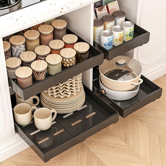 THMINS 4 Pack Pull Out Cabinet Organizer, 52.5cm Deep Expandable (32-52cm), Strong and Durable, Waterproof and Anti-Fouling, Pull Out Drawers for Cabinets Suitable for Kitchen Storage (Black)