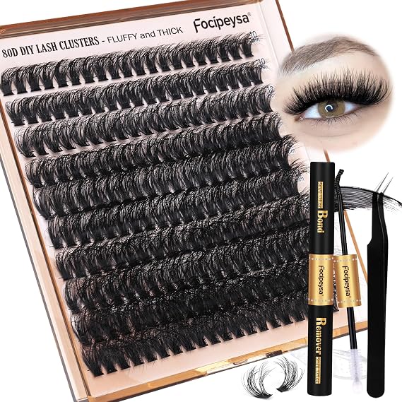 Lash Extension Kit Fluffy Eyelash Clusters Kit 10-18mm Eyelash Extension Kit 80D Individual Lashes DIY Lash Extension Kit 200pcs Lash Clusters with Bond Lash Remover Lash Applicator by Focipeysa