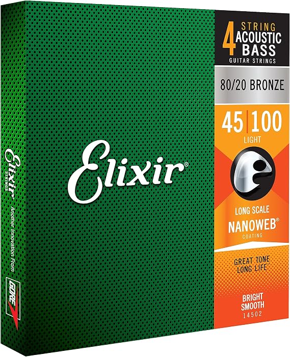 Elixir Strings 80/20 Bronze Acoustic 4-String Bass Strings w NANOWEB Coating, Long Scale, Light (.045-.100)