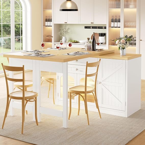 Kayan Extendable kitchen island dining table 120–194cm, 360° rotating tabletop, with glass doors, drawers & door snack shelves, white