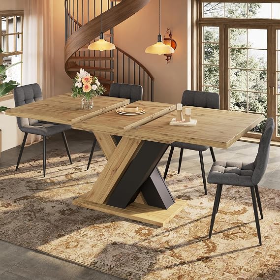 BTM Extending Dining Table 119-158.5cm Kitchen Extendable Table 4-6 for Living Room, Dining Room, X-shaped Legs, Black&Wood