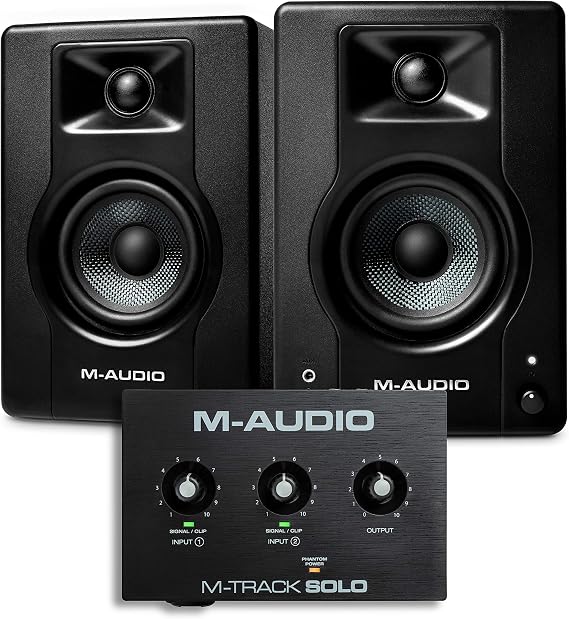 M-Audio Recording, Streaming and Podcasting Bundle – M-Track Solo USB Audio Interface and 120W BX3 Stereo Speakers, Software Suite Included