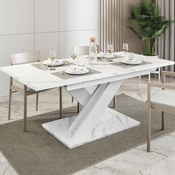 White Marble Extendable Dining Table 6-8 Seater, Kitchen Dinner Table