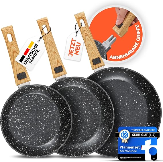 3-Piece Frying Pan Set 20 24 28 cm Removable Handle Non-Stick Coated Frying Pan Induction PFOA-Free Induction Pan Suitable for All Types of Cookers