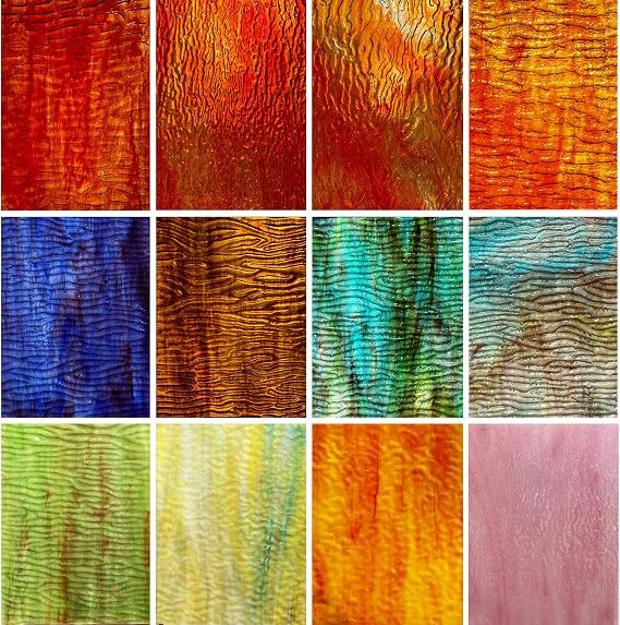 LITMIND 12 Sheets Stained Glass Sheets Variety Pack, 4 x 6 inch Cathedral Glass Mosaic Glass Tiles for Crafts, Assorted Colors and Mystic Water Ripple Textured(Translucent & Opaque Textures)