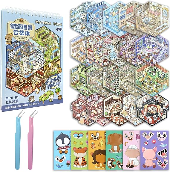 20 Sets DIY Miniature Scene Sticker Book + 6 Animal Stickers