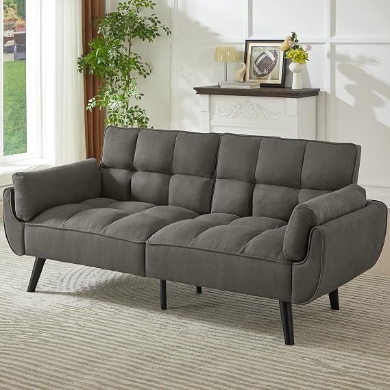 JIEXI Modern 3-Seater Sofa, Grey Tufted Fabric, 191cm Width, Plush Cushioning with Curved Arms, Tapered Black Legs, Medium Firm, for Living Room and Family Room (DarkGrey)