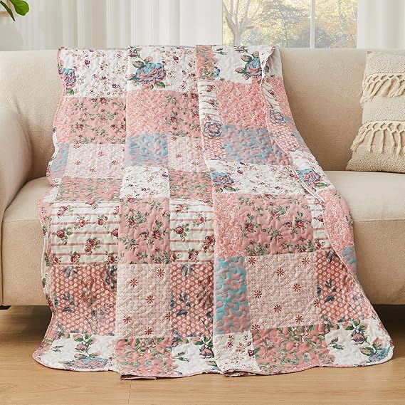 Qucover Single Quilted Bedspreads 150x200cm, Pink Floral Patchwork Quilts