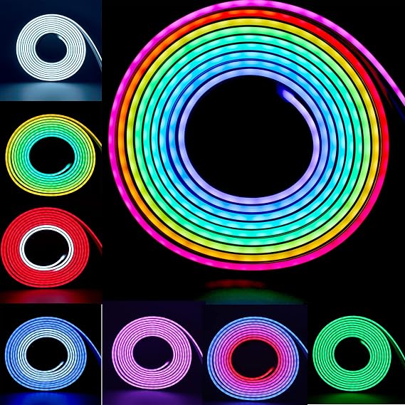 LED Neon Light RGB Flexible LED Neno Strip,96LEDs(IC)/M Waterproof Silicone LED Neon Light +Controller,for Home DIY Holiday Festival/Outdoor Indoor Decoration (12V5M) [Energy Class F]