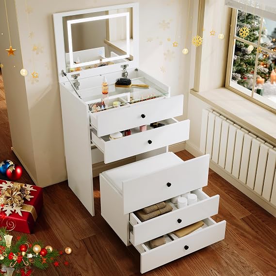 ELEGANT Dressing Table with Flip-Top Mirror and LED Lights, 43x60x127cm
