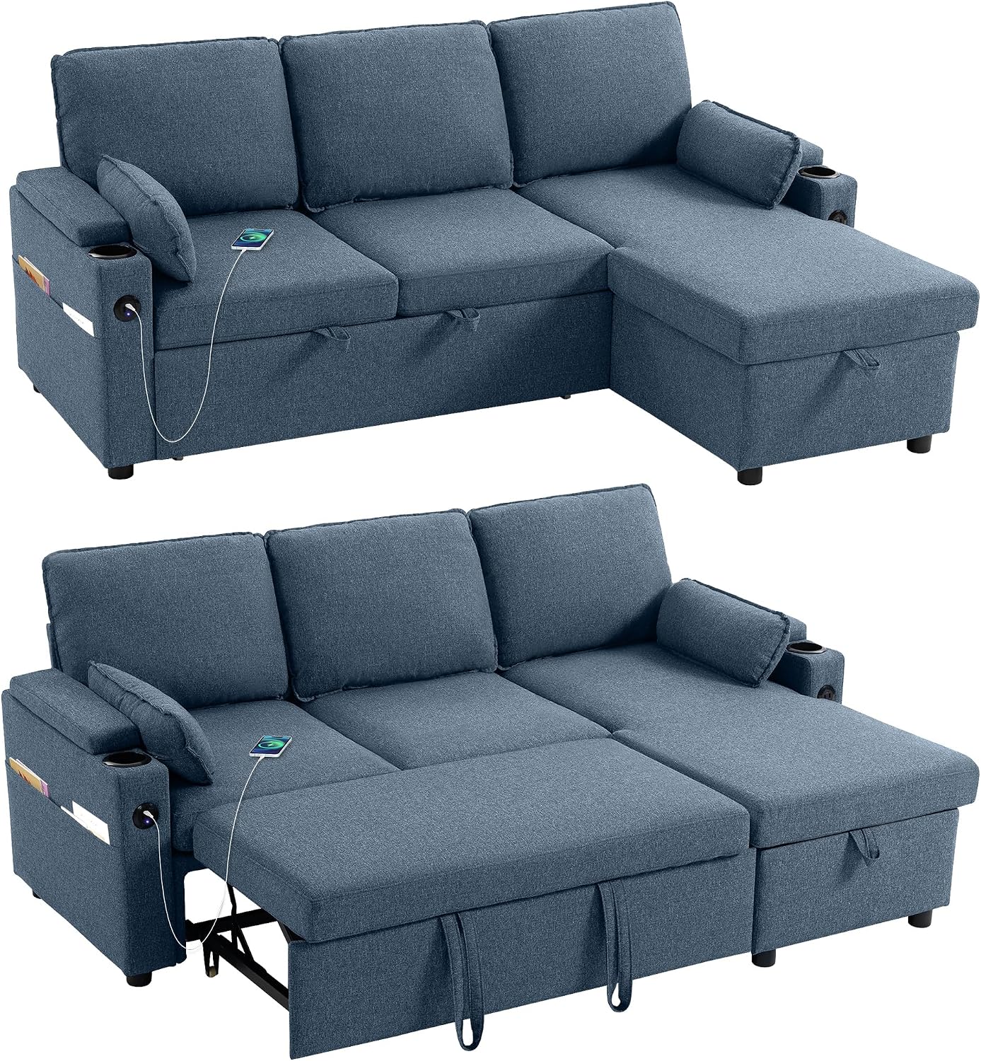 HOMCOM Corner Sofa Bed, L Shaped Sleeper Sectional Couch with Reversible Storage Chaise, 3 Seater Convertible Pull Out Sofa Bed with Spring Seat, USB Ports, Cup Holders, Pillows for Living Room, Blue