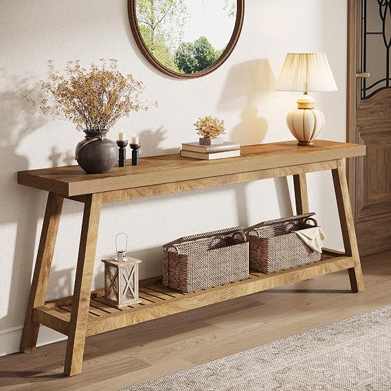 Tribesigns Console Table for Hallway Slim, 180cm Long Enrtyway table with 2-tier storage for Living Room, Behind the Sofa, Hallway,Enrance, Bedroom, Light Brown