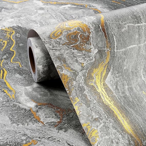 FunStick 60CMx5M Grey Wallpaper Peel and Stick for Living Room Grey and Gold Marble Vinyl Wrap for Furniture Bathroom Sticky Back Plastic for Worktops Cupboards Marble Grey and Gold Kitchen Wallpaper