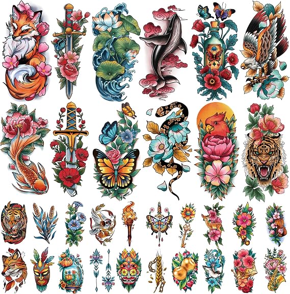 77 Sheets Temporary Tattoos Adult Kids Old School Skull Tiger Sword Cat Eagle Snake Lotus Flower Butterfly Half Arm Realistic Fake Tattoos Sticker for Women Men