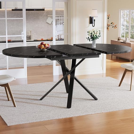 ModernLuxe Marble Effect Extendable Dining Table 100-140cm, Round to Oval Kitchen Table with Black X Shaped Metal Frame, Adjustable Feet, Reinforced Legs and Space Saving Design, Black