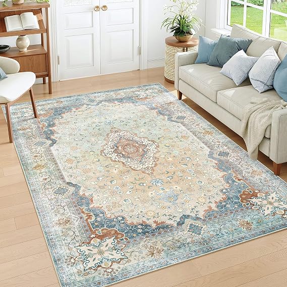 Brakki Blue Beige 5x7 Area Rugs for Living Room, Washable Vintage Boho Rug Non Slip for Bedroom Kitchen Office, Low Pile Soft Stain Resistant Carpet Floor Indoor Laundry Dining Room