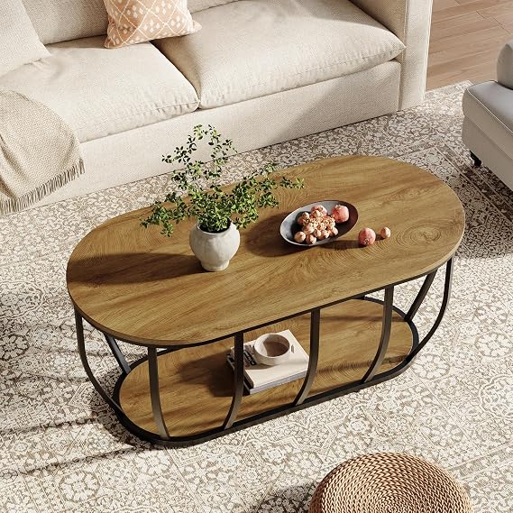 Tribesigns Coffee Table with Storage, 120 cm Industrial Oval Living Room Table, Wooden Center Tea Table with Curved Metal Base for Living Room, Home Office, Easy Assembly, Rustic Brown