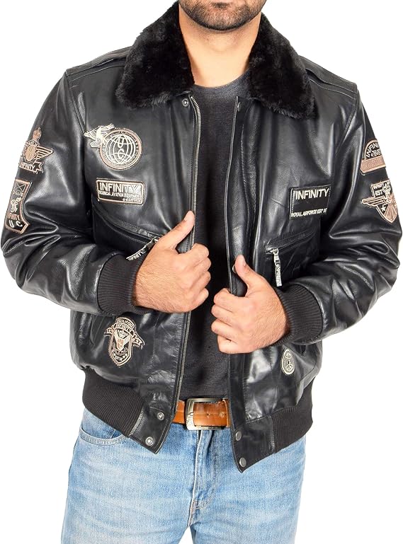 A1 FASHION GOODS Men's Pilot Leather Jacket Heavy Duty Black Bomber Aviator with Collar Air Force Badge - Luca