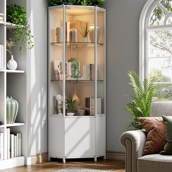 Gyfimoie Corner Display Cabinet, 165cm Display Case with Glass Doors, Curio Cabinets with LED light, Bookcase for Collectibles, Books, Tall Display Cabinet for Living Room, White