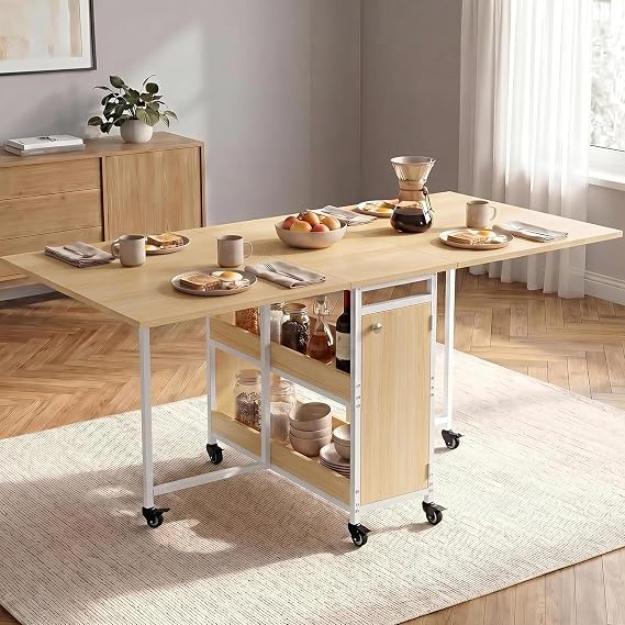 Blisswood Folding Dining Table 152cm, Extendable Drop Leaf Kitchen Table for 4-6 People, Light Oak Foldable Dining Table with Storage Cabinet, 6 Lockable Wheels, Wooden Dining Room Furniture