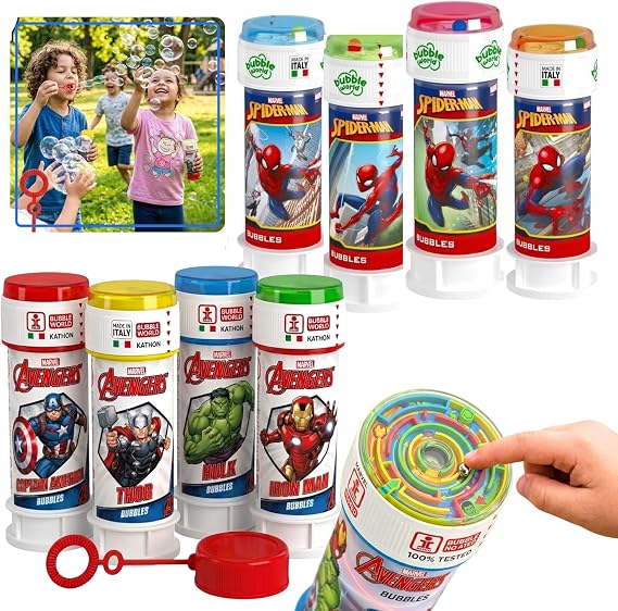 Marvel Spiderman & Avengers Character Bubble Tubs Pack of 8, 60ml Tubs with Dual-Hole Wand, Eco-Friendly Packaging,Party Bag Fillers Fun for Children