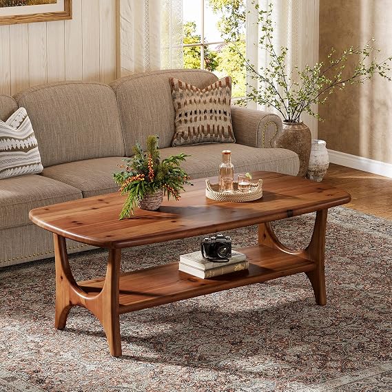 47.24" Solid Wood Coffee Table, Mid Century Modern Center Table with Rounded Corners, Rectangle 2-Tier Coffee Table for Living Room, Walnut