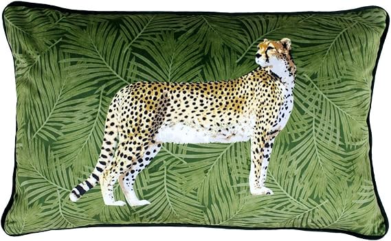 Riva Paoletti Cheetah Forest Cushion Cover - Green - Palm Leaf Design - Velvet Feel Fabric - Piped Edges - Machine Washable - 100% Polyester - 30 x 50cm (12" x 20" inches) - Designed in the UK