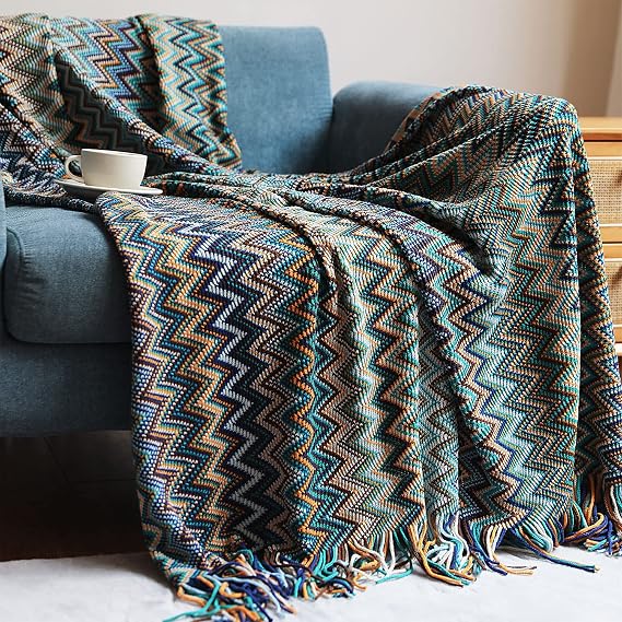 Bohemian Boho Throw Blankets, Knitted with Tassel, Outdoor Reversible Soft Cozy Lightweight Throw Blankets, Couch Bed Sofa Decorative Afghan Throw Blanket All Seasons Blue 50x60 inches