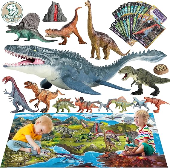 Oriate Dinosaur Toys For Boys Girls，45pcs Dinosaurs Figures, Card, Play Mat