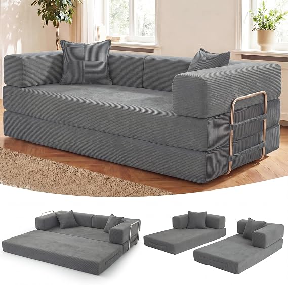 Vipbear 3 Seater Boneless Sofa Bed,Modular Convertible Couch,Pull Out,Grey