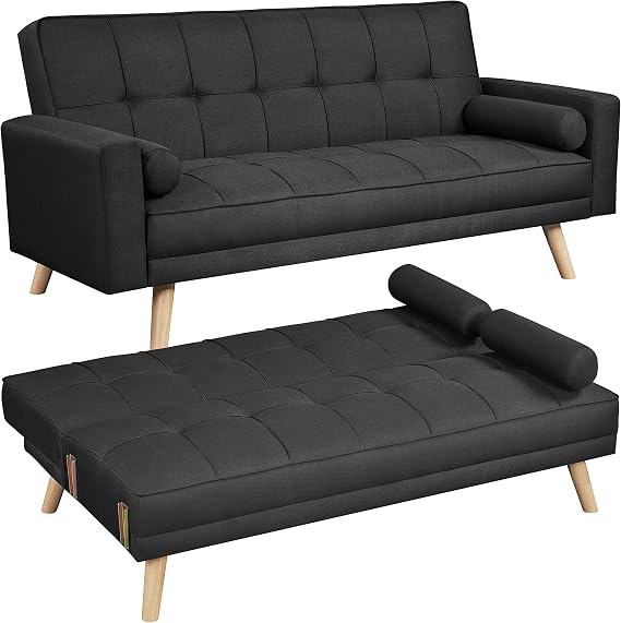 Yaheetech 3 Seater Fabric Click Clack Sofa Bed with Wooden Legs, Black