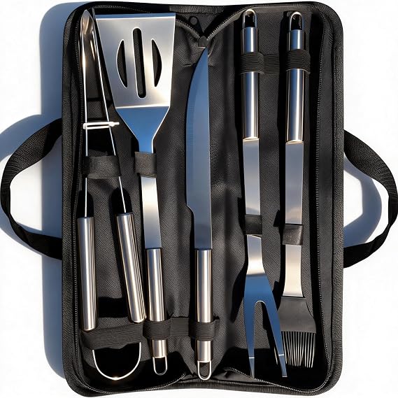 PTAPIPI 5-Piece BBQ Utensil Set Stainless Steel with Case - Barbecue Tools for Camping/Caravan/Garden