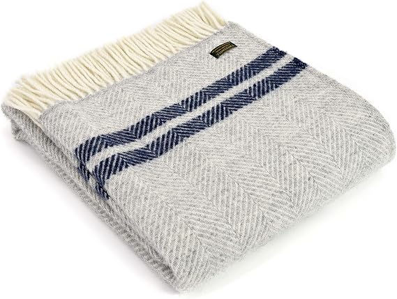 Tweedmill Textiles Fishbone KNEE RUG Throw Blanket -100% Pure New Wool - BRITISH MADE - Silver Grey 2 Navy Blue Stripes